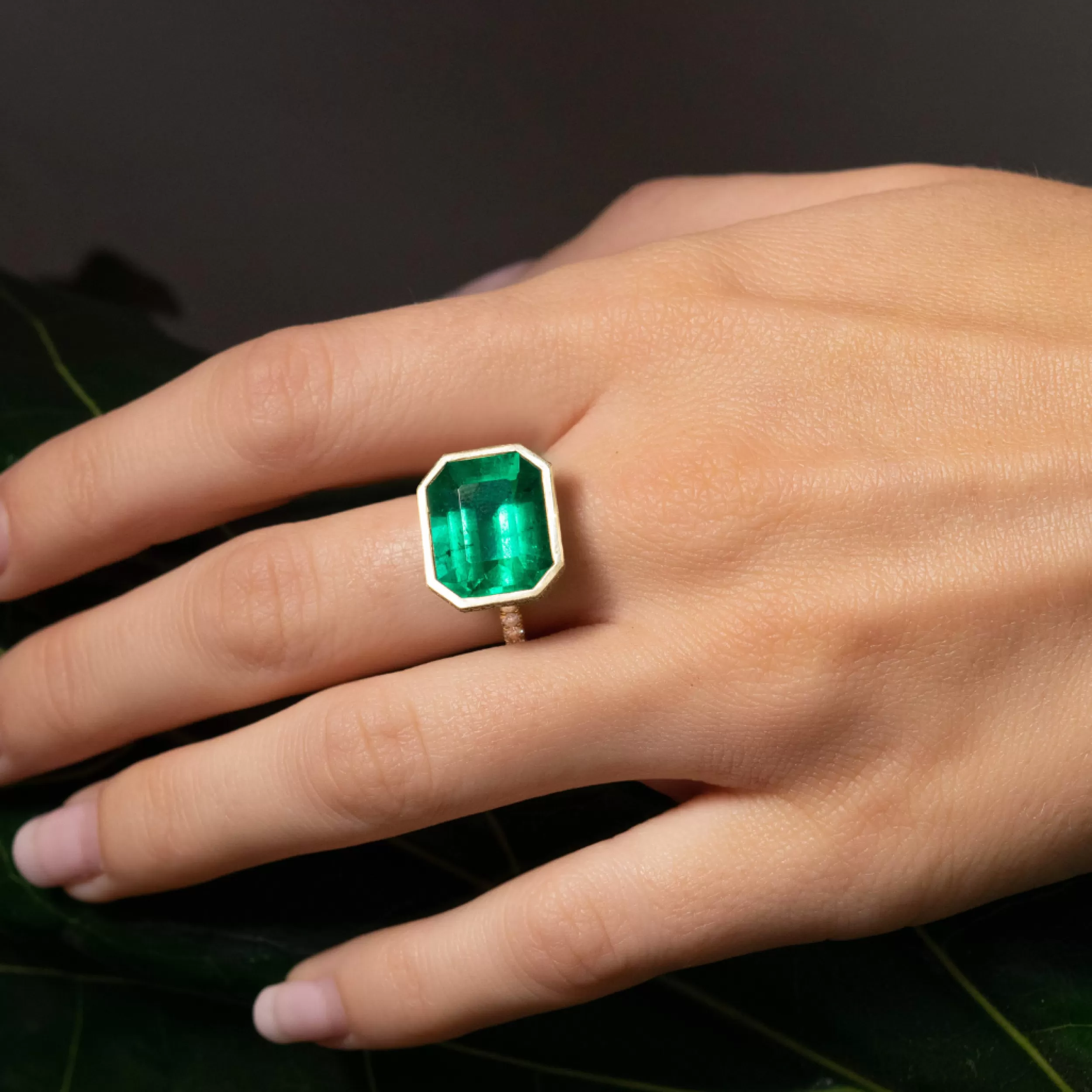 Anita Ko One Of A Kind^BEZELED EMERALD CUT EMERALD RING WITH DIAMOND BASKET AND BAND
