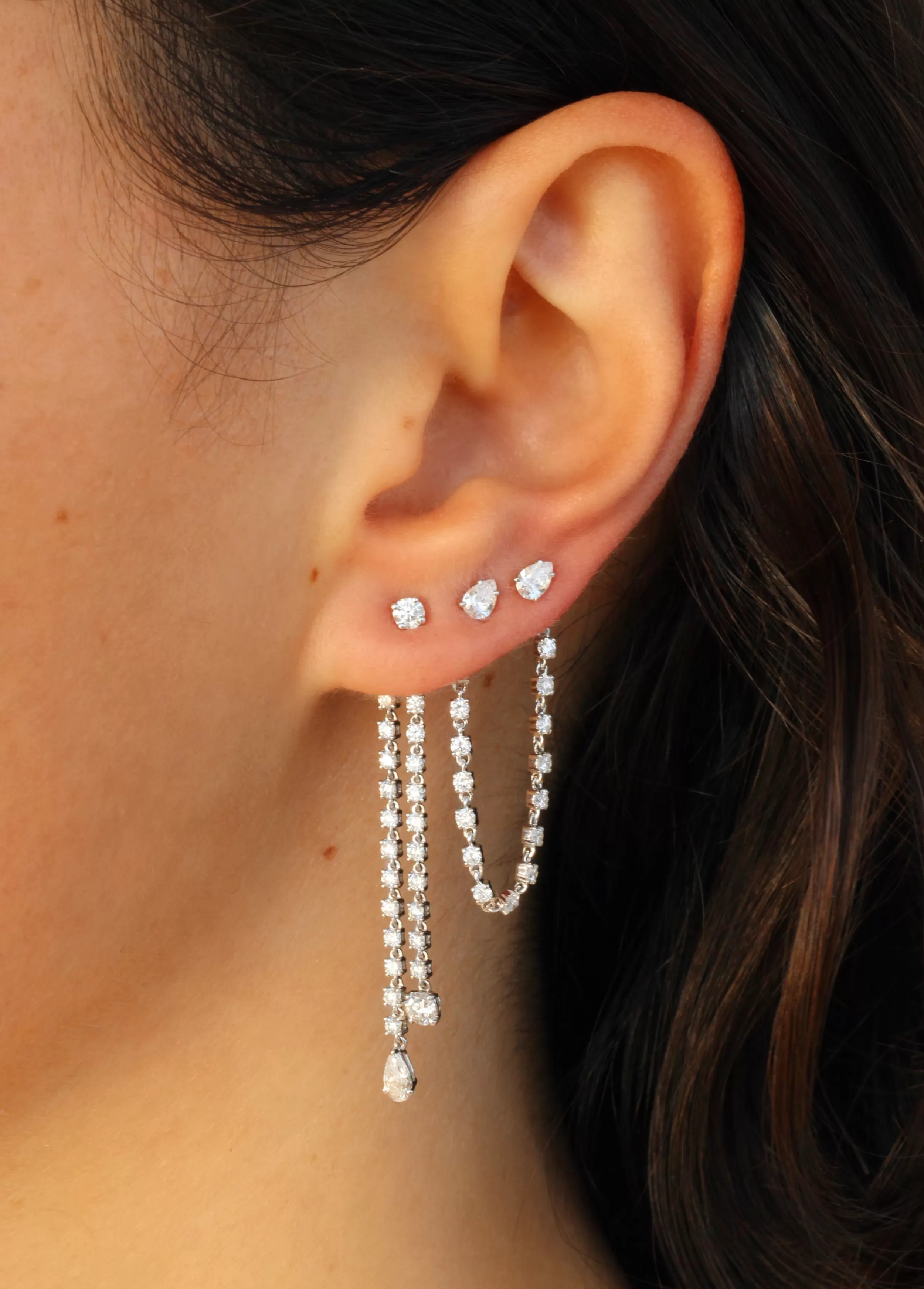 Anita Ko Long^PAIR OF DOUBLE DRAPED DIAMOND ROPE EARRINGS WITH ROUND AND PEAR DIAMOND DROPS