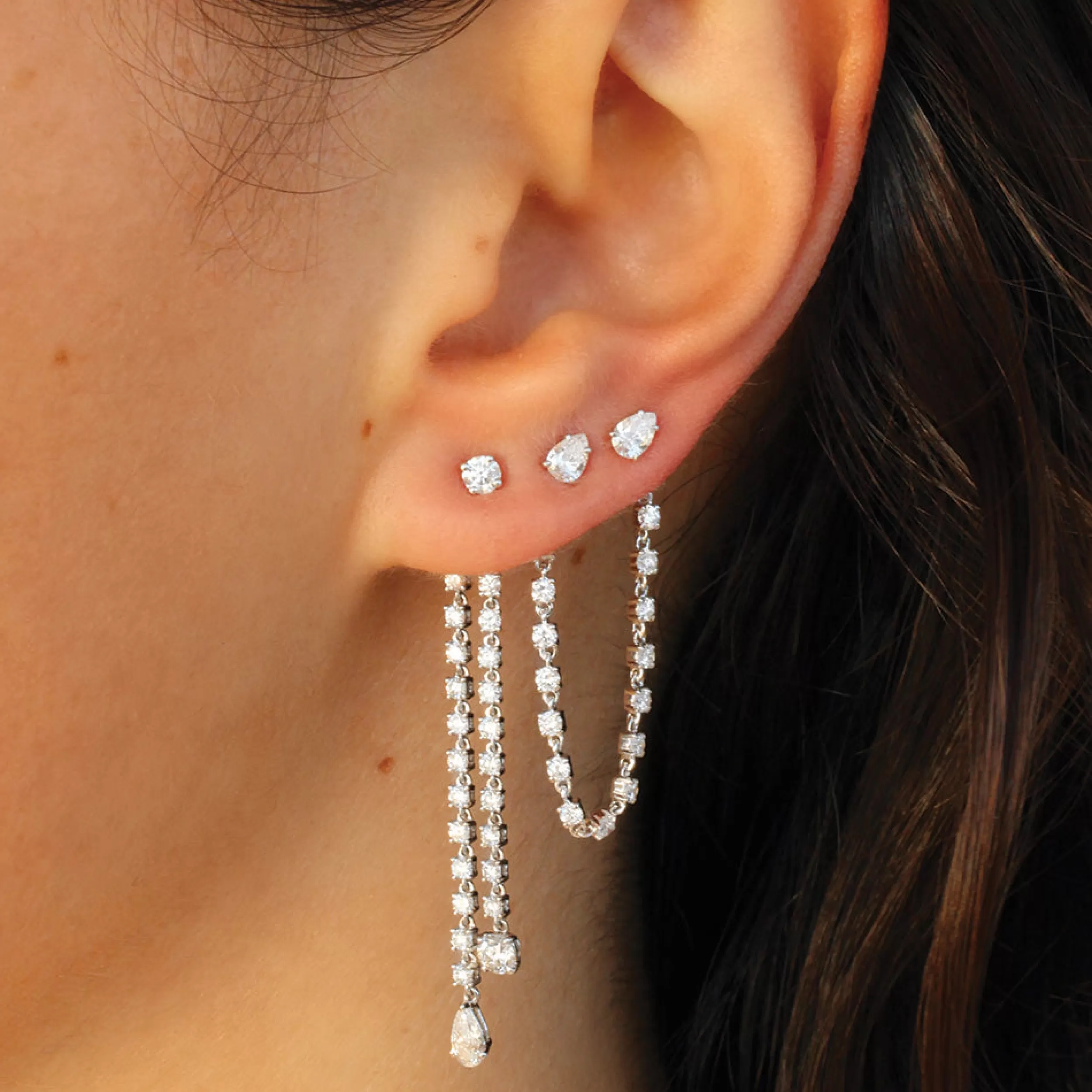 Anita Ko Long^SINGLE DOUBLE DRAPED DIAMOND ROPE EARRING WITH ROUND AND PEAR DIAMOND DROPS